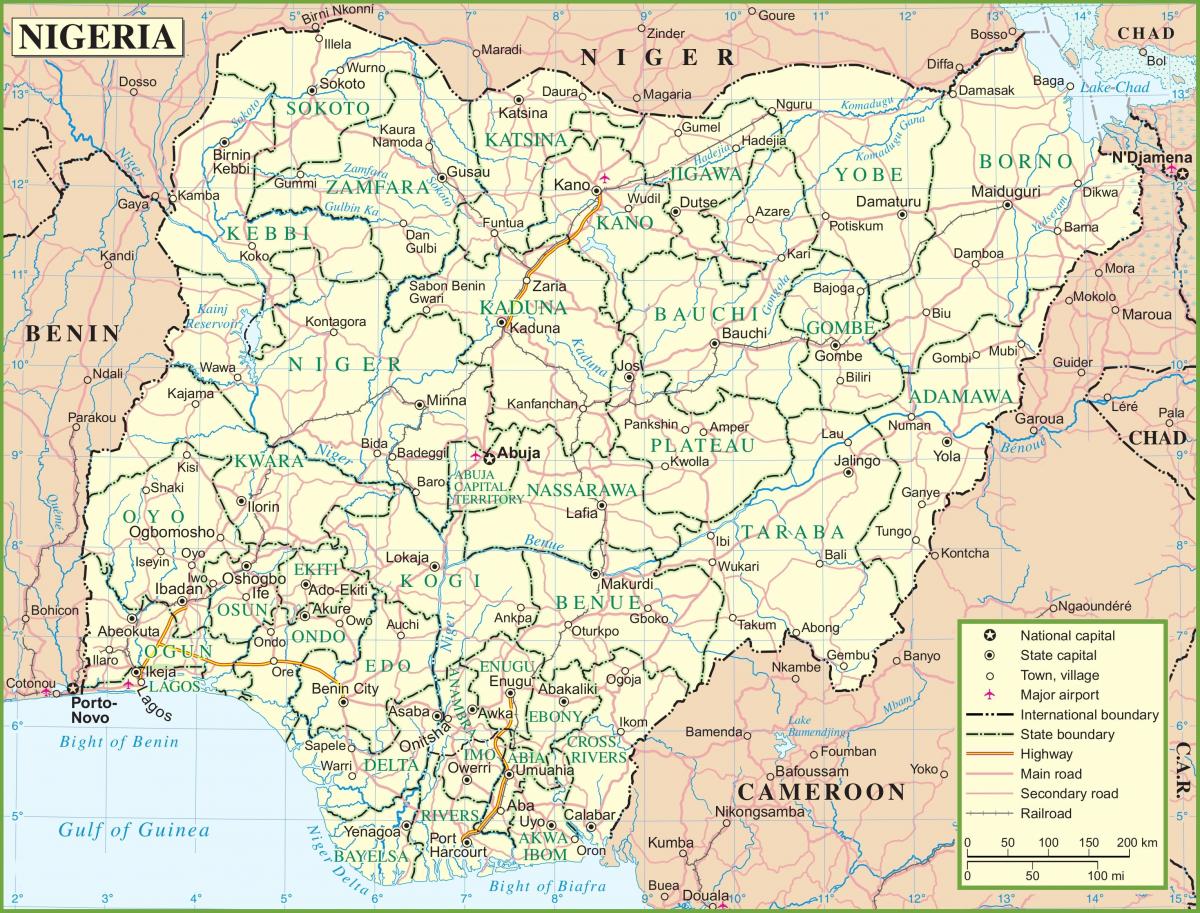 mapa de nixeria, mostrando as principais estradas