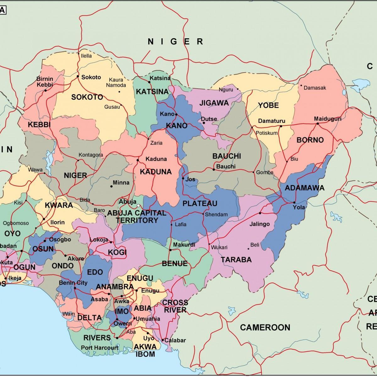 Mapa de nixeria con estados e cidades