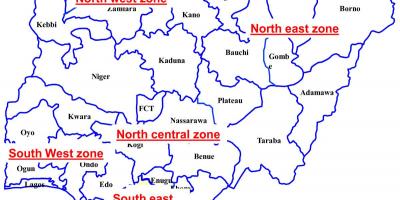 Mapa de nixeria mostrando seis zonas xeopolíticas