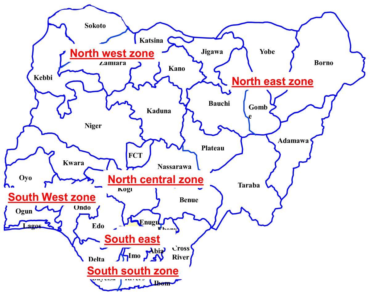 mapa de nixeria mostrando seis zonas xeopolíticas