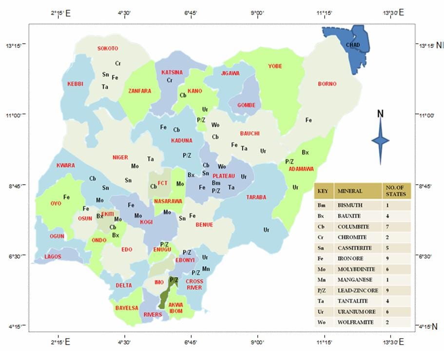 Mapa de nixeria mostrando os recursos minerais