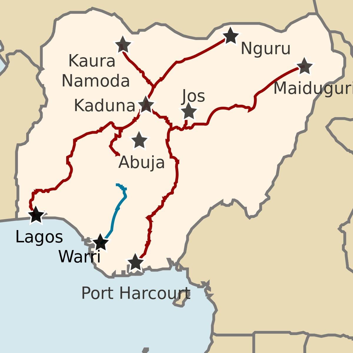 mapa de nixeria mostrando liñas ferroviarias
